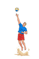 Male volleyball player jumping to hit ball   attacking blow in a game of beach volleyball. on sandy beach  