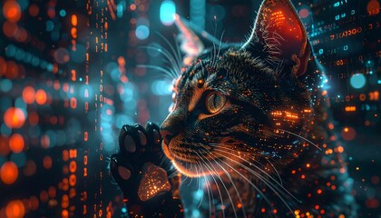 Digitally enhanced cat, glowing code