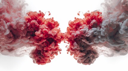 Two clouds of red and gray ink blooming out toward each other