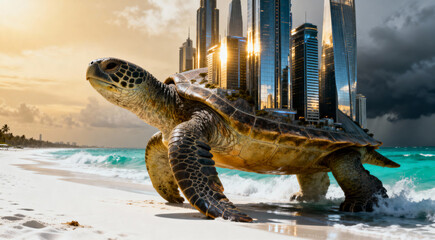 An abstract colossal turtle with a city of skyscrapers on its back walks along a tropical turquoise and white sand beach at sunset, with waves crashing and a dramatic sky overhead