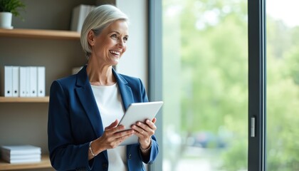 Mature businesswoman uses tablet in office. Senior executive holds digital pad, smiles and looks out window. Confident lady boss plans work and watches city. Good news and successful job.