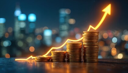 Gold coin stacks rise on table. Vibrant orange growth arrow points up above increasing money. Blurred city lights twinkle in dark night background. Scene conveys finance, investment, economic