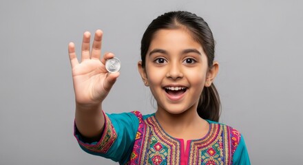 Young girl shows small silver coin and gives okay sign with her fingers