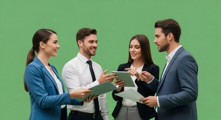 Two men and two women in business attire discussing work with tablet and papers. Business meeting or collaboration concept on green screen background.