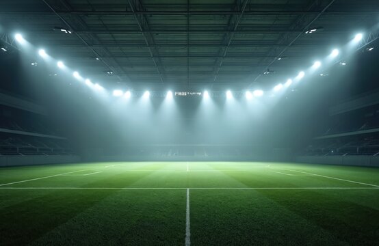 Empty soccer field under bright spotlights. Artificial turf illuminated with intense stadium lights. Arena is ready for a match. The place is prepared for championship sports competition event.