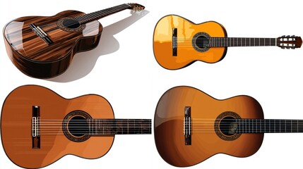 Obraz premium Four acoustic guitars of various shades and details, arranged in a square composition against white