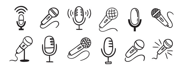 microphone icon doodle hand drawn set. Outline drawing microphone line clipart symbol collection