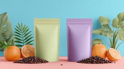 Two colorful pouches with oranges, beans, and leafy plants on bright ground