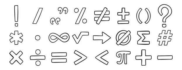 math symbols doodle hand drawn icon set. Outline drawing line clipart symbol collection