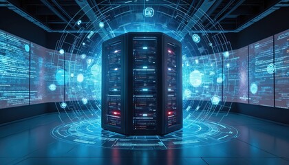 Digital server racks in data center with glowing blue hologram interface projections. Computer systems process information with complex network data streams and virtual charts on screens.
