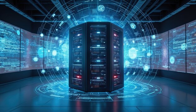 Digital server racks in data center with glowing blue hologram interface projections. Computer systems process information with complex network data streams and virtual charts on screens.