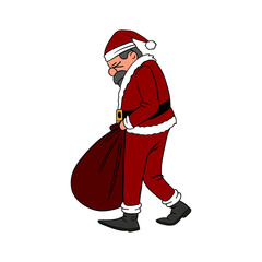 Sad bad and tired Santa Claus after the busy holiday season with big bag 