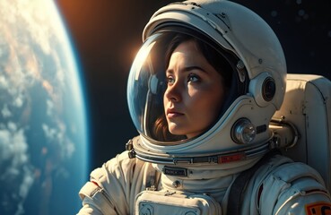 Confident female astronaut gazes at Earth from space. Woman in spacesuit explores outer space. Planet reflects in visor. Bright sun illuminates station. Humanity future lies in exploration.