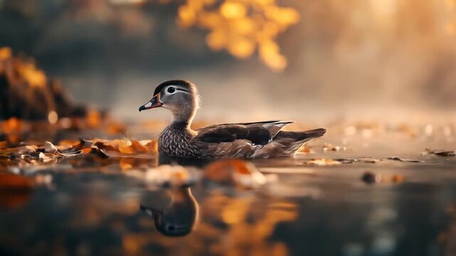 Duck floating on water near autumn leaves with soft sunlight background