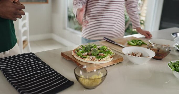 Friends, face and live streaming for cooking pizza in kitchen, organic meal or vegetable topping. Content creation, food influencer and men with baking guide, peace sign and wave with POV in home