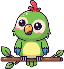 Adorable cartoon parrot perches on a branch, bringing joy and whimsy to any project