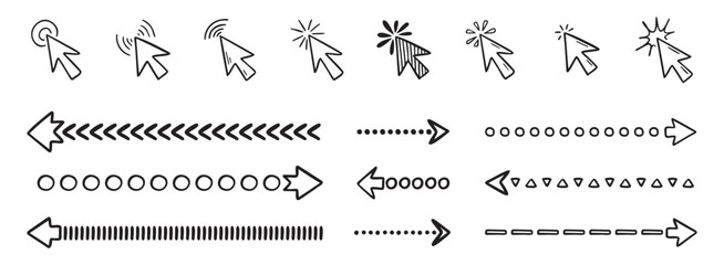 Doodle click icon and hand drawn arrows set. Doodle line mouse cursor.