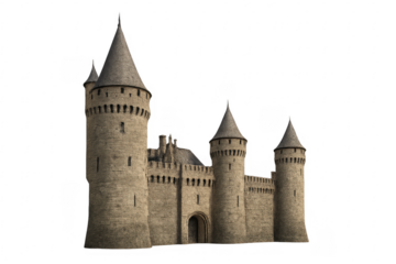 Medieval stone castle with turrets and wall on transparent background