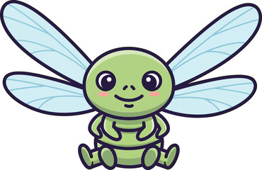 Adorable cartoon dragonfly character with big eyes and delicate wings, perfect for children's stories.