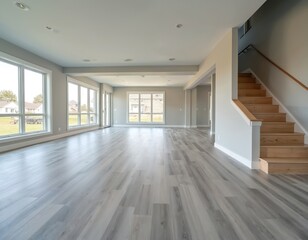 Obraz premium Unfurnished interior space with hardwood floor and staircase in modern house. Gray walls and big windows. Empty room for real estate property sale or rent. New home construction finish.