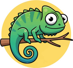 Adorable cartoon chameleon perched on a branch, bringing a touch of playful charm to any project.