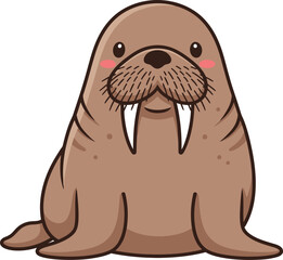 Adorable cartoon walrus with tusks and rosy cheeks, perfect for children's books and arctic themes