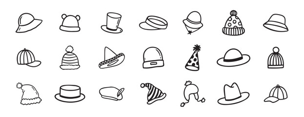 hat doodle hand drawn icon set. Outline drawing hats line clipart symbol collection