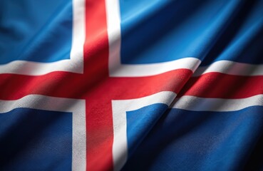 Fototapeta premium Close-up on Icelandic flag fabric. Woven texture shows vibrant blue red white colors. National symbol waves gently, showing country pride and heritage. Nordic design detail.