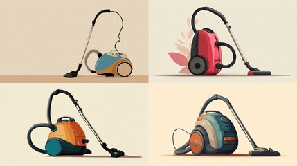 Four cartoonish vacuum cleaners of different colors and designs, each displayed against a plain background