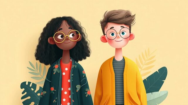 A colorful, original video in vector style about the relationship between a boy and a girl, which will soon develop, or has already developed, into the most beautiful romantic feeling - love