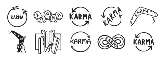 Karma arrows and karma concept doodle hand drawn icon social media. Outline drawing karma line clipart symbol