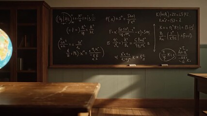 A 3D cartoon classroom with a chalkboard covered in mathematical equations, a wooden desk, and a globe on a shelf in the background, with a warm and educational mood. - Powered by Adobe
