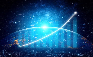Fototapeta na wymiar Futuristic Financial Growth Concept Illustrating Data Visualization Over Earth in Cosmic Space with Overlay Graphs and Symbols Impute.