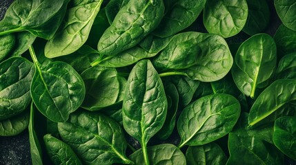 Aerial view of fresh organic spinach leaves   vibrant healthy green food for vegan cuisine