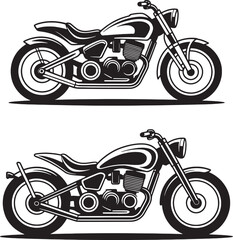 Two black and white vector illustrations of a classic motorcycle side profile motorbike vintage