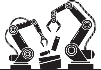 Two black robotic arms assembling components on a white background industrial robot automation