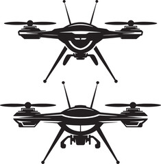 Two black silhouette quadcopter drones with antennas and propellers aerial vehicle technology