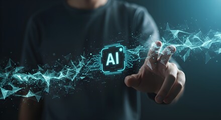 Futuristic concept of artificial intelligence with glowing AI symbol, network connections, and digital technology interface, representing innovation and modern computing.