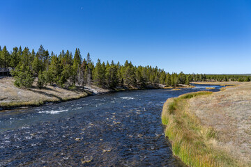Firehole River Bridge, Midway Geyser Basin Trail. Yellowstone National Park , Wyoming. Hydrothermal System. 
