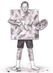 Man Painting Square Canvas Below His Chin with a Wood Palette in Hand