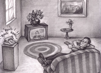 Man Laying on Couch in Living Room Watching TV While Telephone Rings