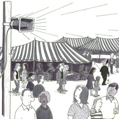 Variety of People Walking Outside Near Tents and Loudspeaker in a Day