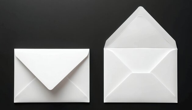 Two white envelopes on black backdrop. One envelope closed another open. Postal mail concept. Correspondence design element for letter, invitation or message - Powered by Adobe