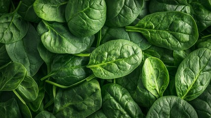 Obraz premium Aerial perspective of fresh organic spinach leaves a healthy vegan culinary delight