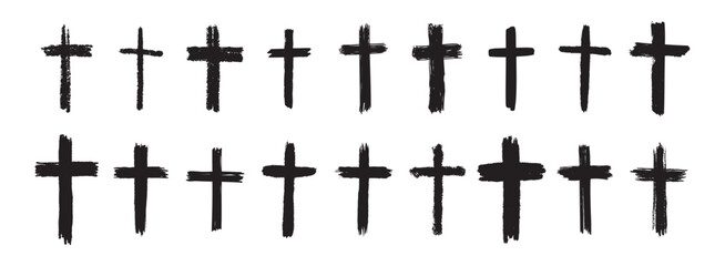 Fototapeta premium hand drawn grunge cross black bold icons set. Christian cross signs collection, cross symbols created with real ink brush isolated on white background.