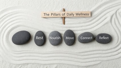 Five Stones Labeled with Daily Wellness Pillars on Sand