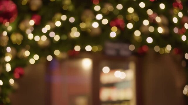 Soft glowing Christmas lights create a festive bokeh effect against a blurred background of ornaments and greenery. The warm atmosphere captures the joyful spirit and peaceful beauty of holiday celebr