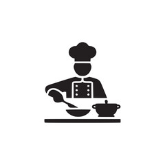 Vector art of chef preparing food in kitchen, stirring pot with spoon, symbolizing culinary skill, cooking, and gastronomy professional cook