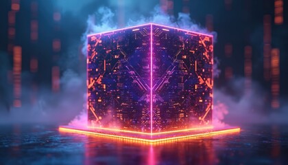Glowing neon cube levitates above surface with circuit patterns. Abstract digital tech concept illustrates big datum cloud computing futuristic network. Visualizes processing innovation in cyberspace