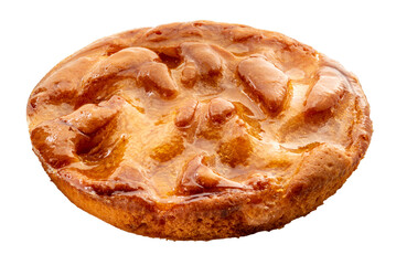 Apricot sponge pie covered with apricot jelly, whole cake isolated on white with clipping path included